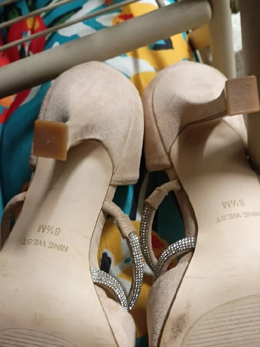 Nine West Tan Suede Pointed Toe Heels with Rhinestone Straps